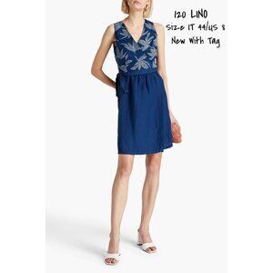 120% Lino Floral Navy Linen Wrap Dress for Women, Size 44 EUR (8 US), New
